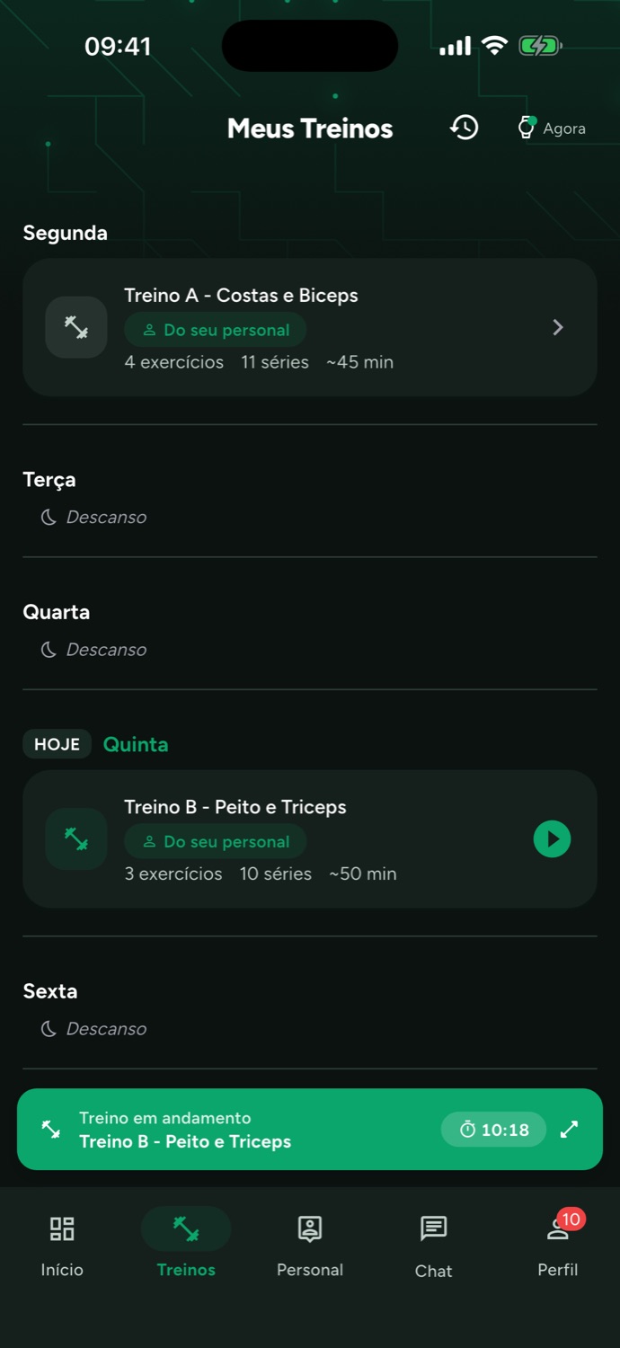 Tela Meus Treinos do aluno: a semana com o treino de hoje destacado, cada um com número de exercícios, séries e duração