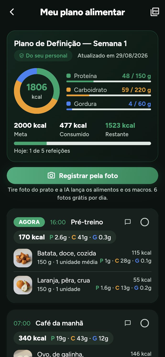 Plano alimentar no app do aluno, com a meta do dia, o consumido, o restante e o botão Registrar pela foto
