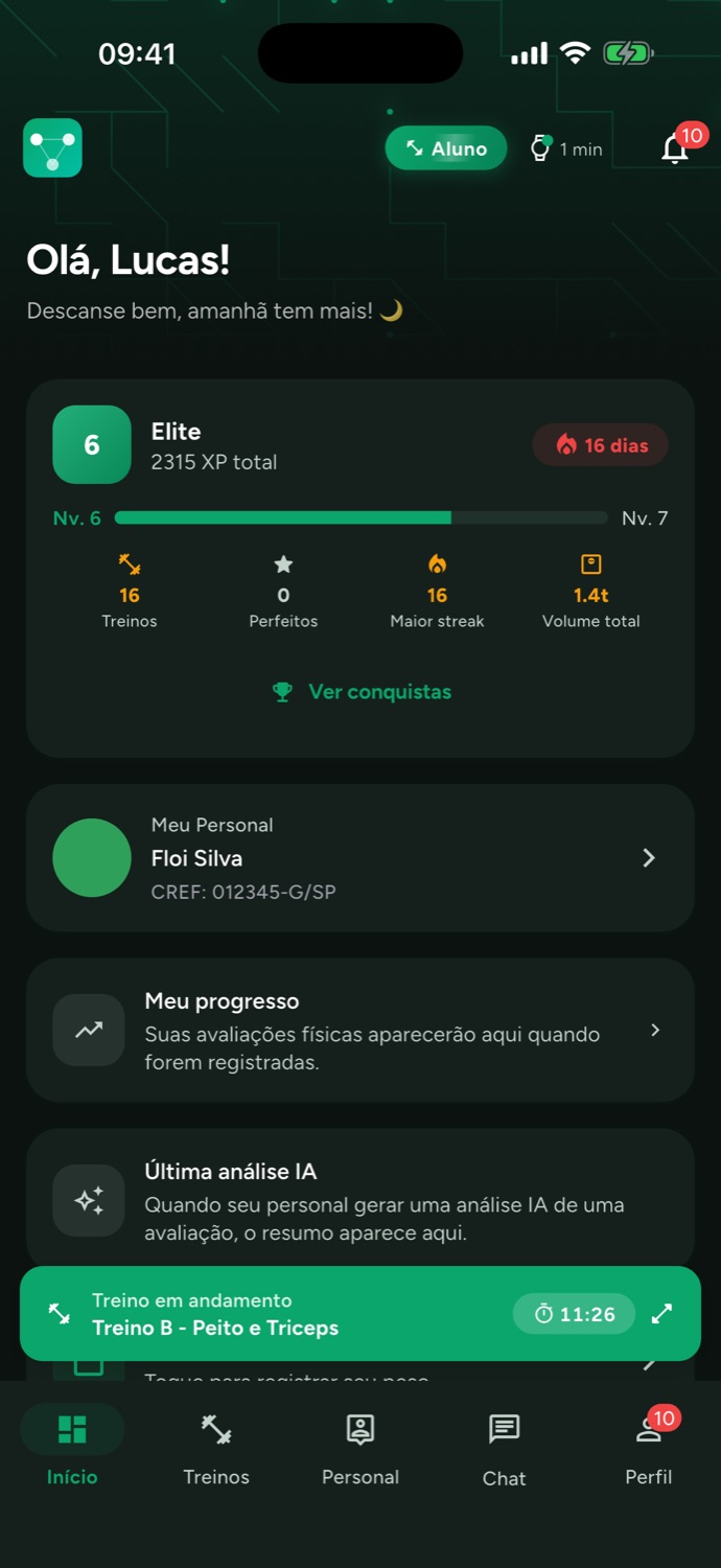 Tela inicial do aluno: nível 6 Elite, 2315 XP e 16 dias seguidos de treino