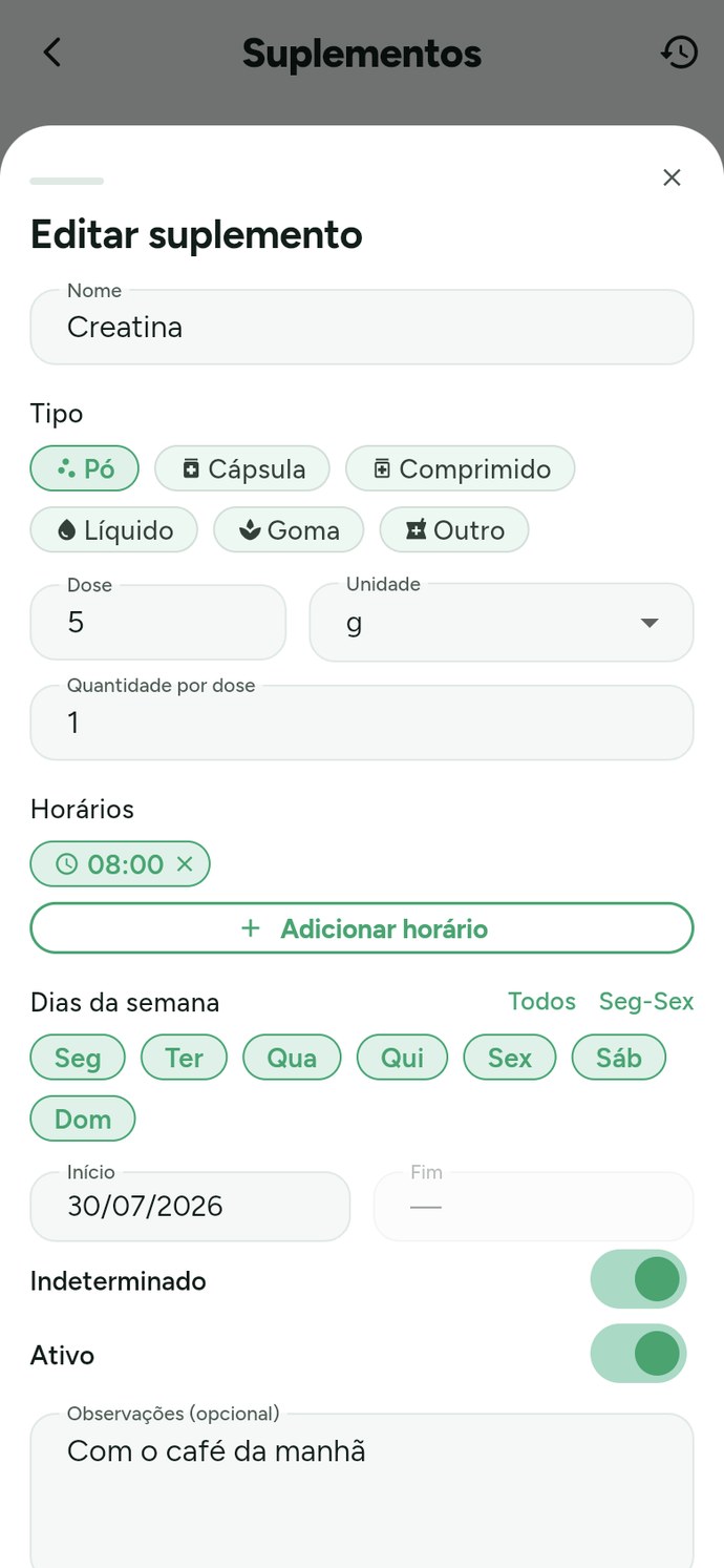 Formulário de suplemento no Trainer Connect: creatina, pó, 5 g, uma unidade por dose, lembrete às 08:00 todos os dias, com observação Com o café da manhã