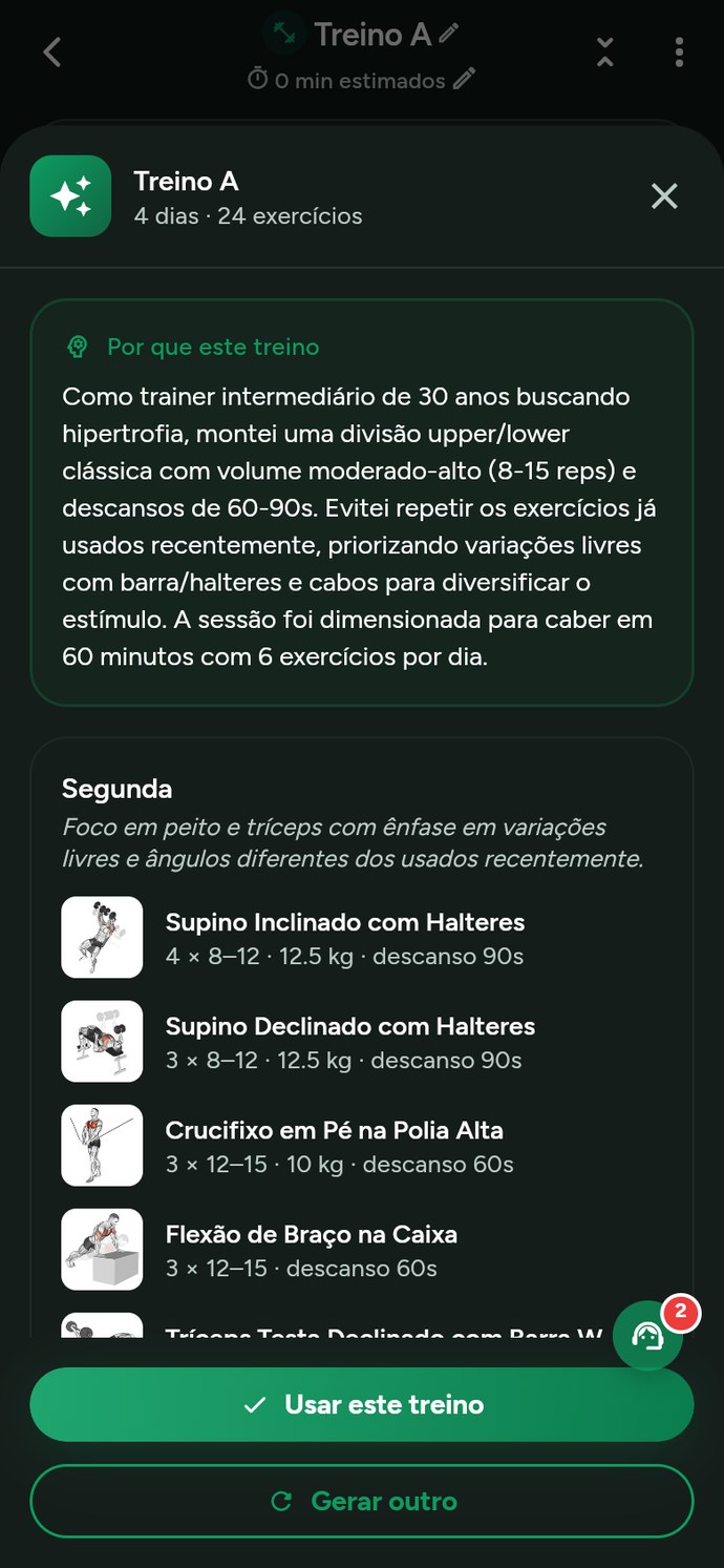 Prévia de um treino gerado por inteligência artificial no Trainer Connect, com a justificativa da IA e os exercícios de cada dia