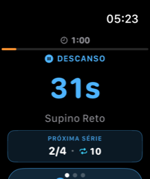 Apple Watch com o descanso de 31 segundos e a próxima série indicada