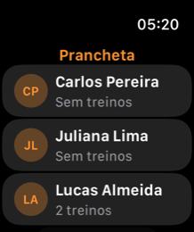 Apple Watch mostrando a prancheta do personal com a lista de alunos