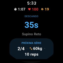 Wear OS no descanso de 35 segundos, com batimentos e a próxima série