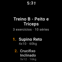 Wear OS com o detalhe do treino e a carga de cada exercício