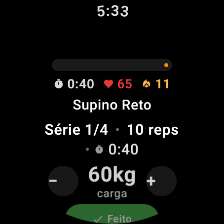 Wear OS executando o treino com métricas ao vivo: cronômetro, batimentos, calorias e ajuste de carga
