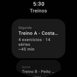 Wear OS com a lista de treinos da semana do aluno