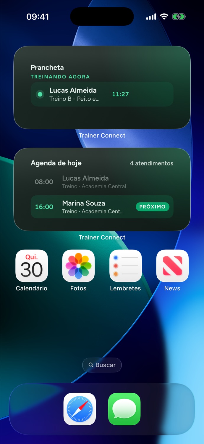 Os mesmos widgets de prancheta e agenda na tela de início do iPhone no tema escuro